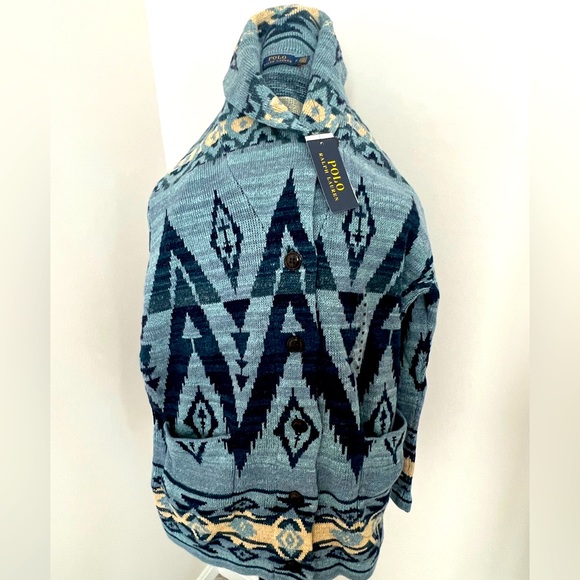 NWT Ralph Lauren Blue / Indigo Aztec / Native Print Cardigan - Picture 1 of 6